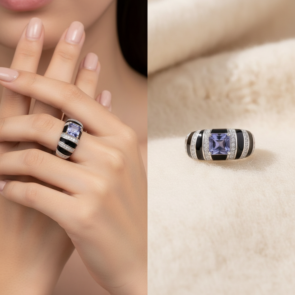Natural Iolite and Black Enamel Ring in Sterling Silver