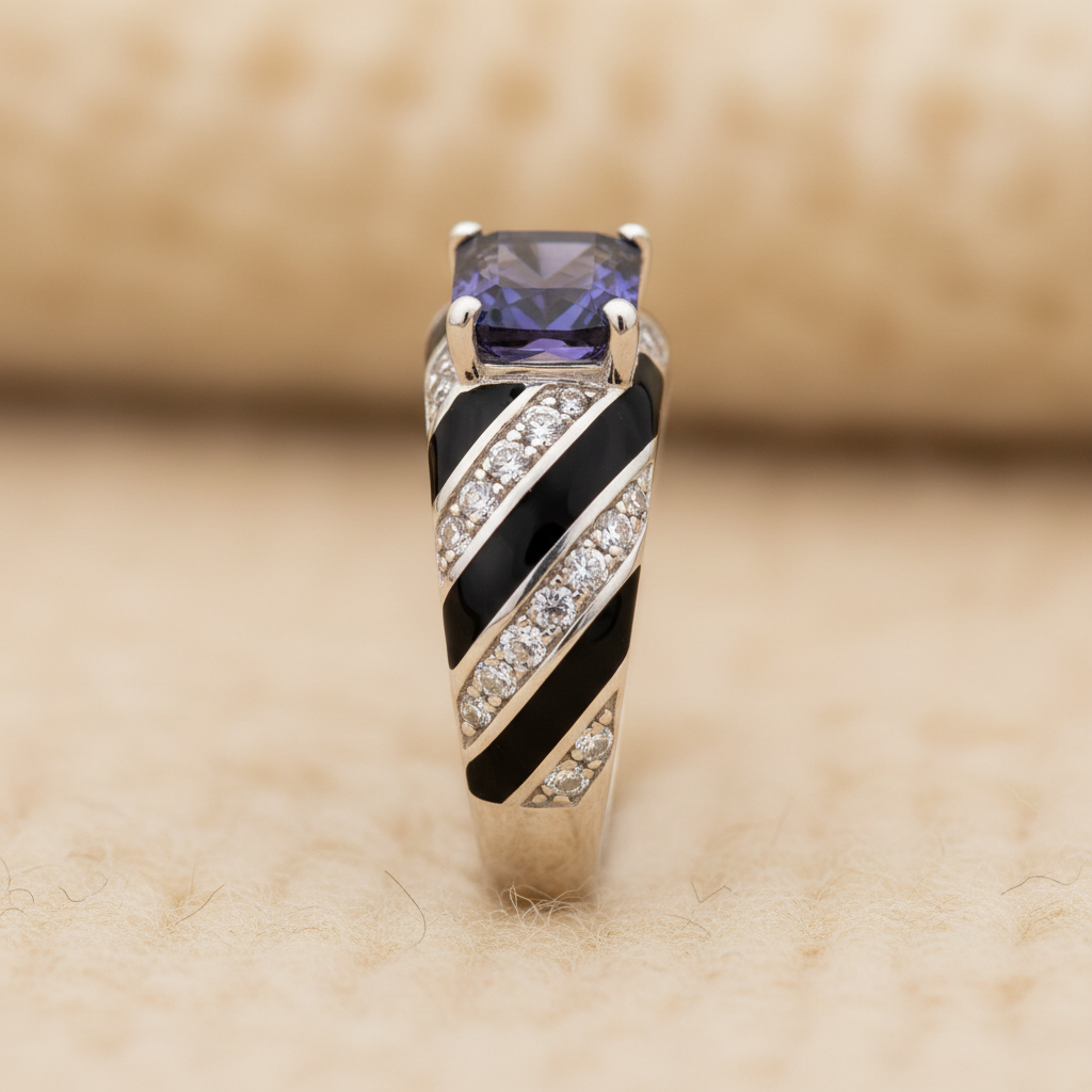 Natural Iolite and Black Enamel Ring in Sterling Silver