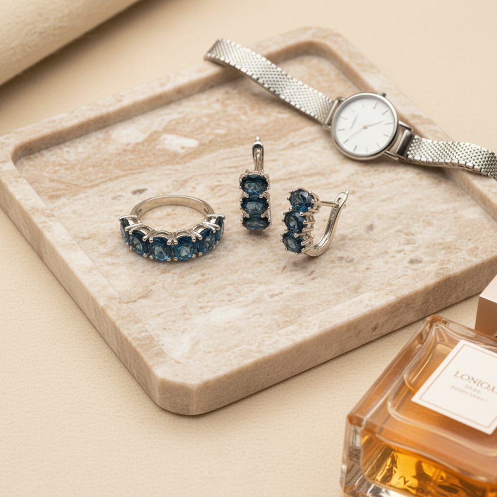 Natural London Blue Topaz Ring & Earring Set in Sterling Silver