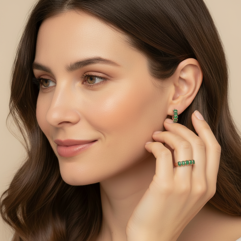 Natural Green Agate Ring & Hoop Earring Set in Sterling Silver