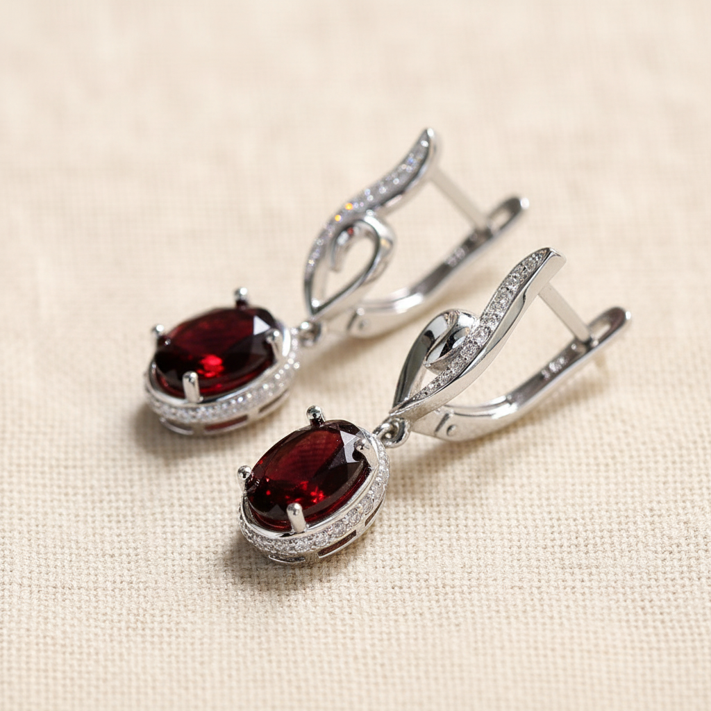 Natural Red Garnet Drop Earrings in Sterling Silver