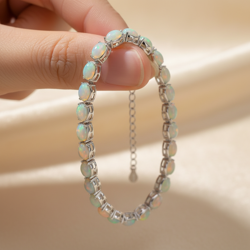 Natural Opal Station Bracelet in Sterling Silver