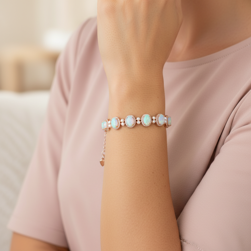 Natural Opal Charm Bracelet  in Sterling Silver