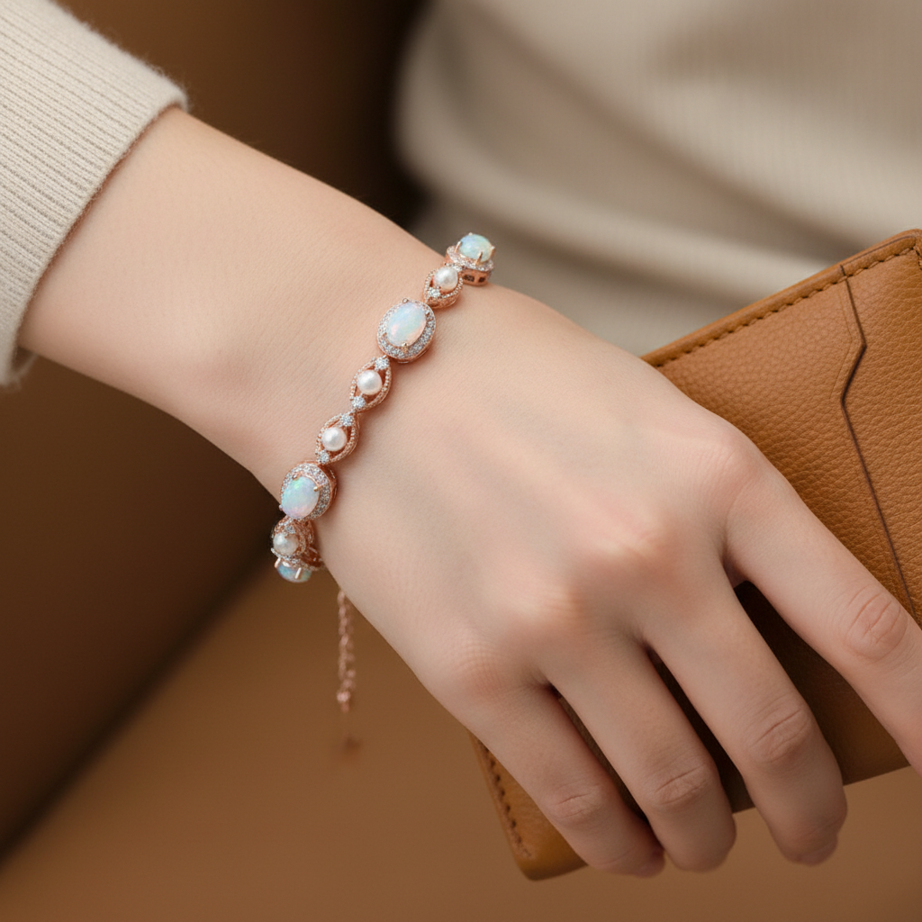 Natural Opal Charm Bracelet  in Sterling Silver