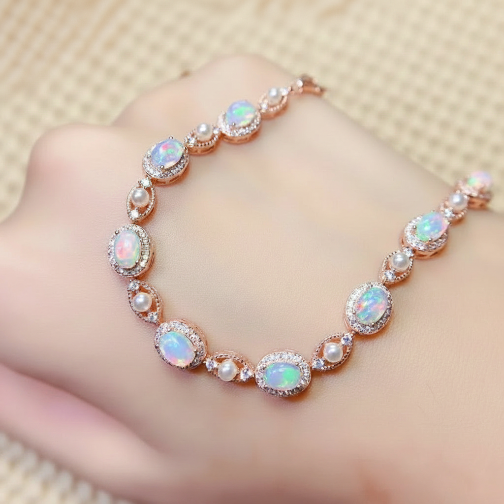 Natural Opal Charm Bracelet  in Sterling Silver
