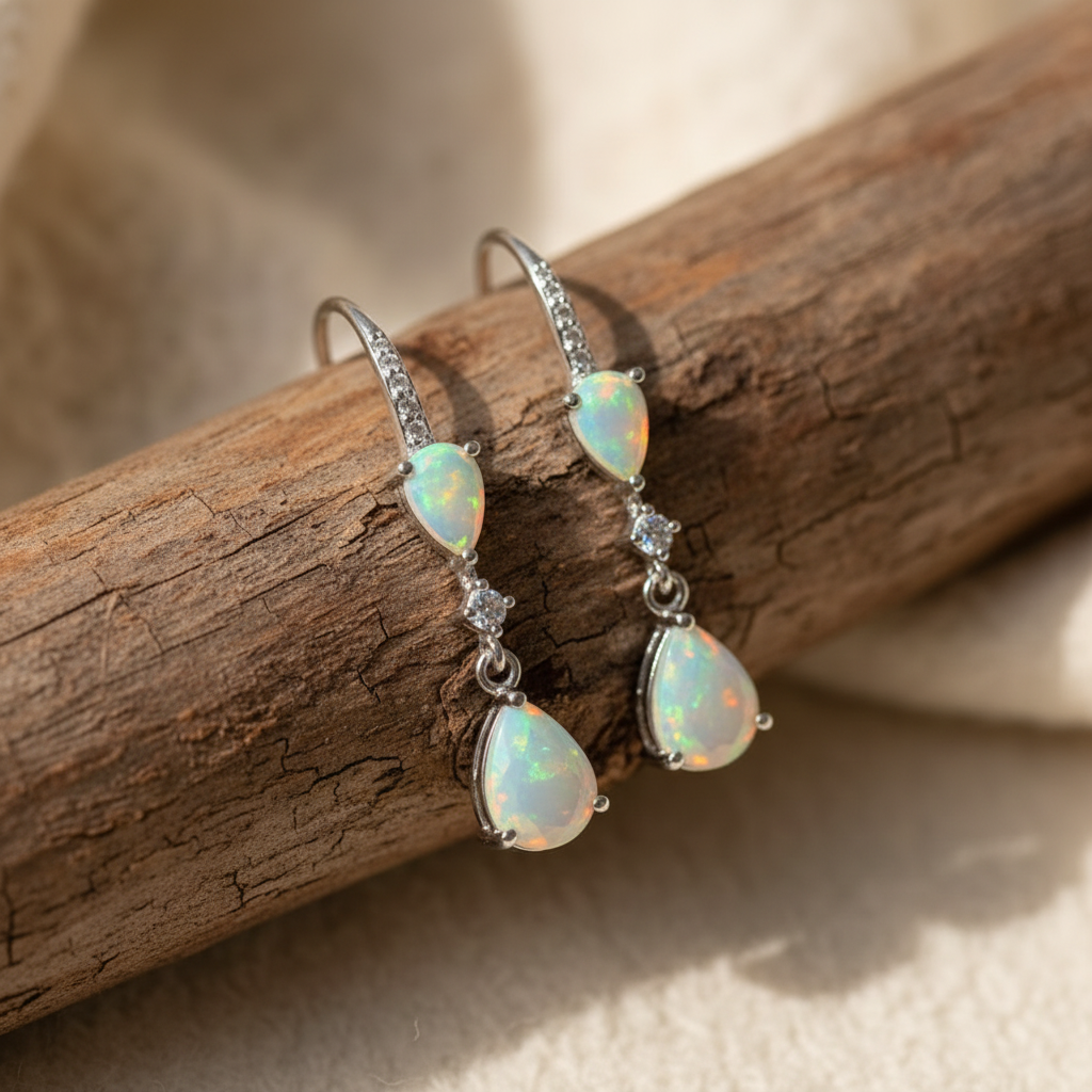 Natural Opal Drop Earrings in Sterling Silver