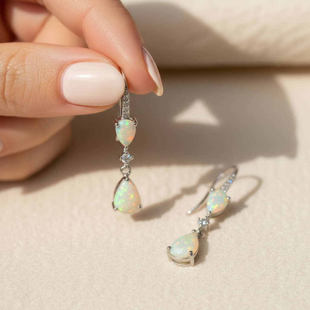Natural Opal Drop Earrings in Sterling Silver