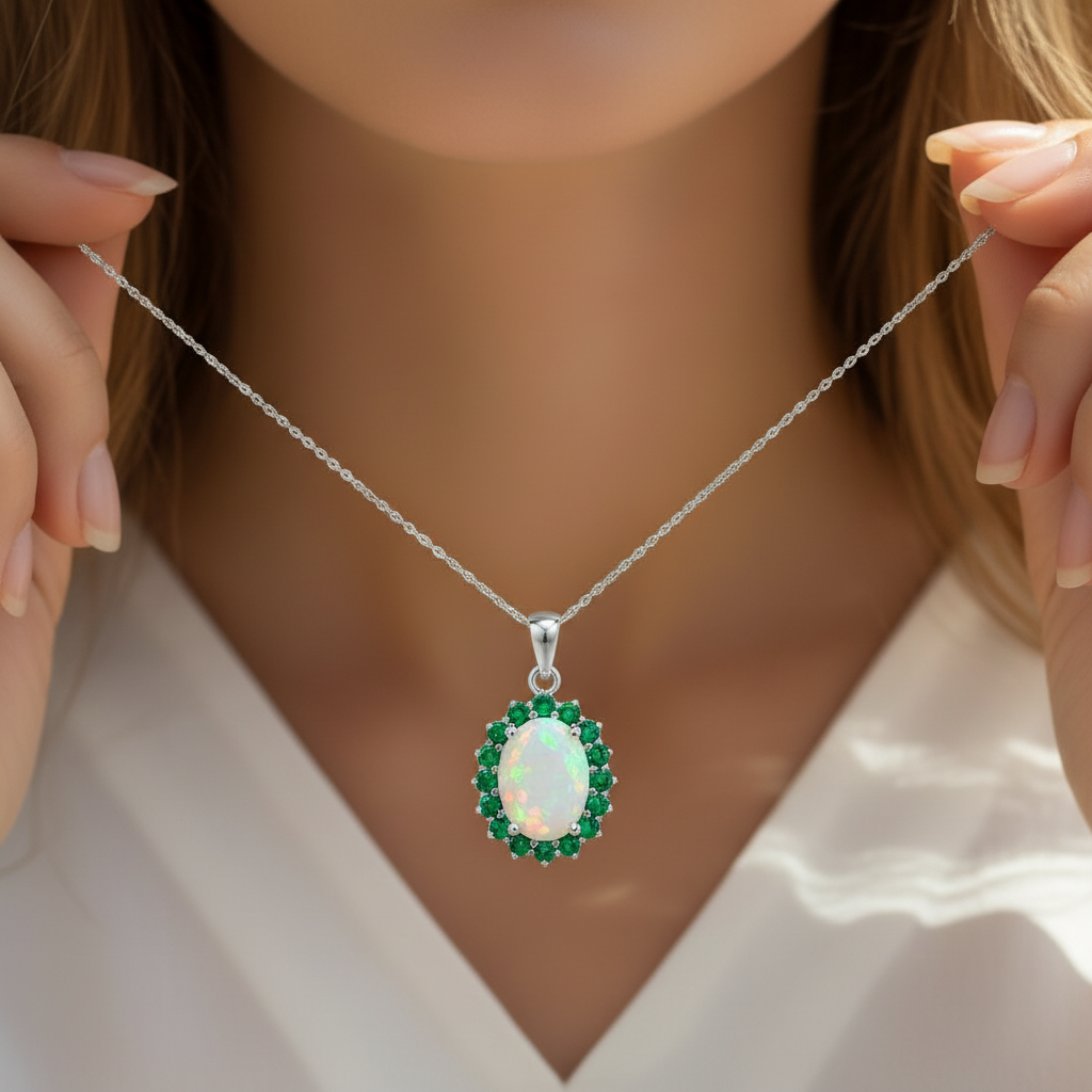 Natural Opal & Emerald Jewelry Set in Sterling Silver