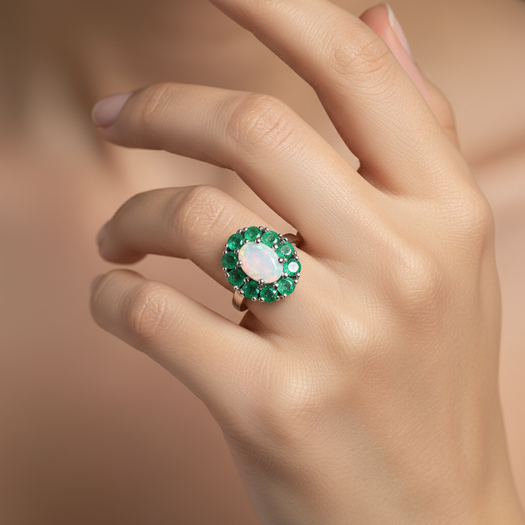 Natural Opal & Emerald Jewelry Set in Sterling Silver