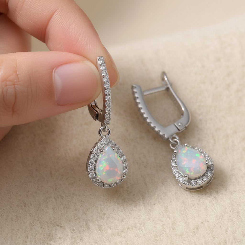 Natural Pear-Cut Opal Drop Earrings in Sterling Silver