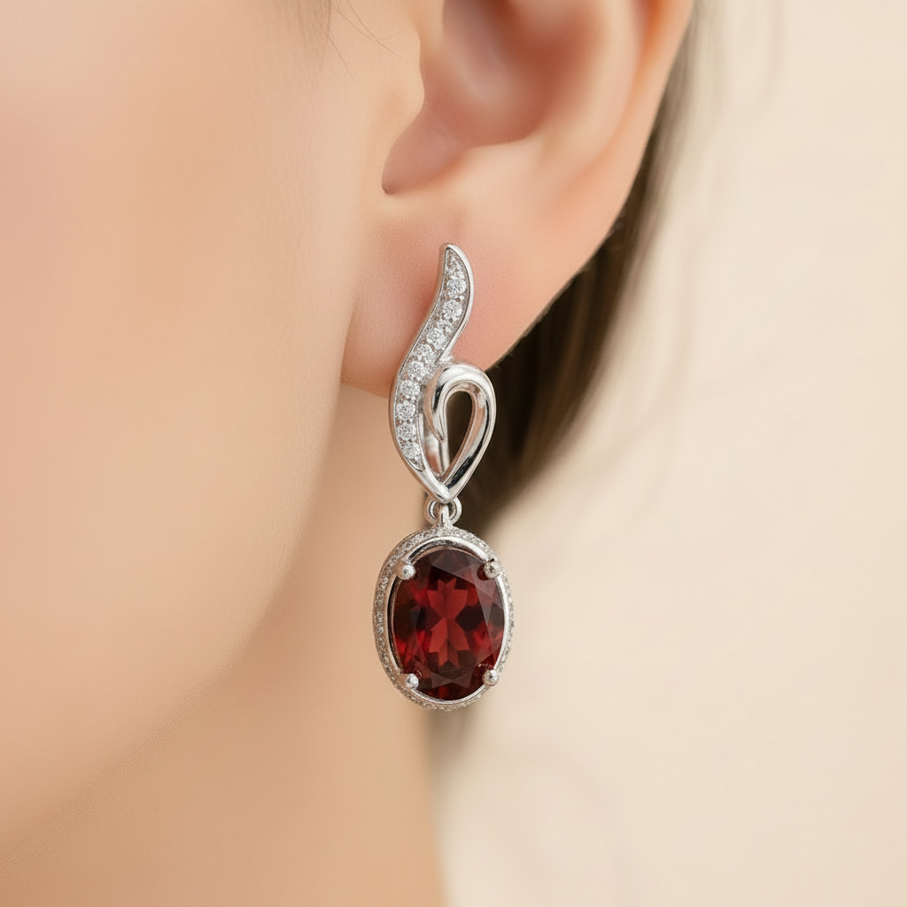 Natural Red Garnet Drop Earrings in Sterling Silver