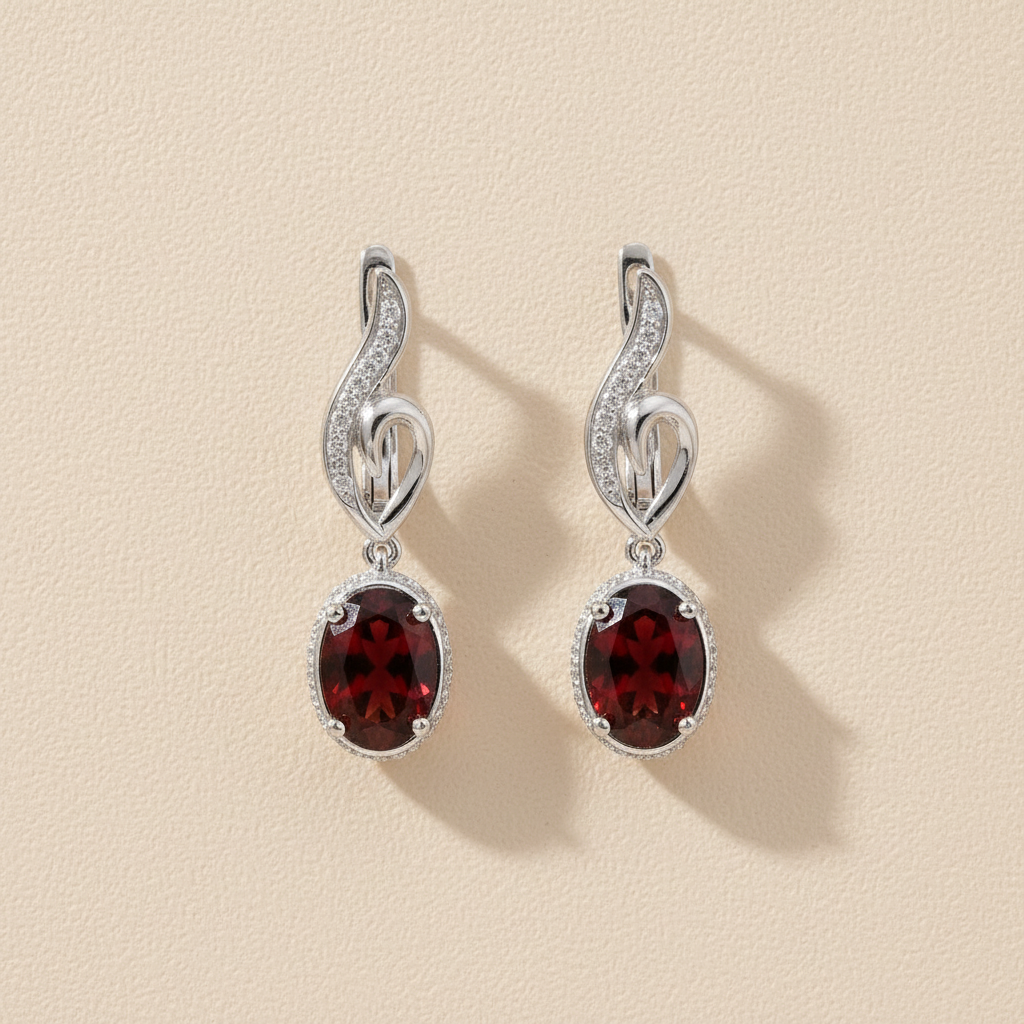 Natural Red Garnet Drop Earrings in Sterling Silver