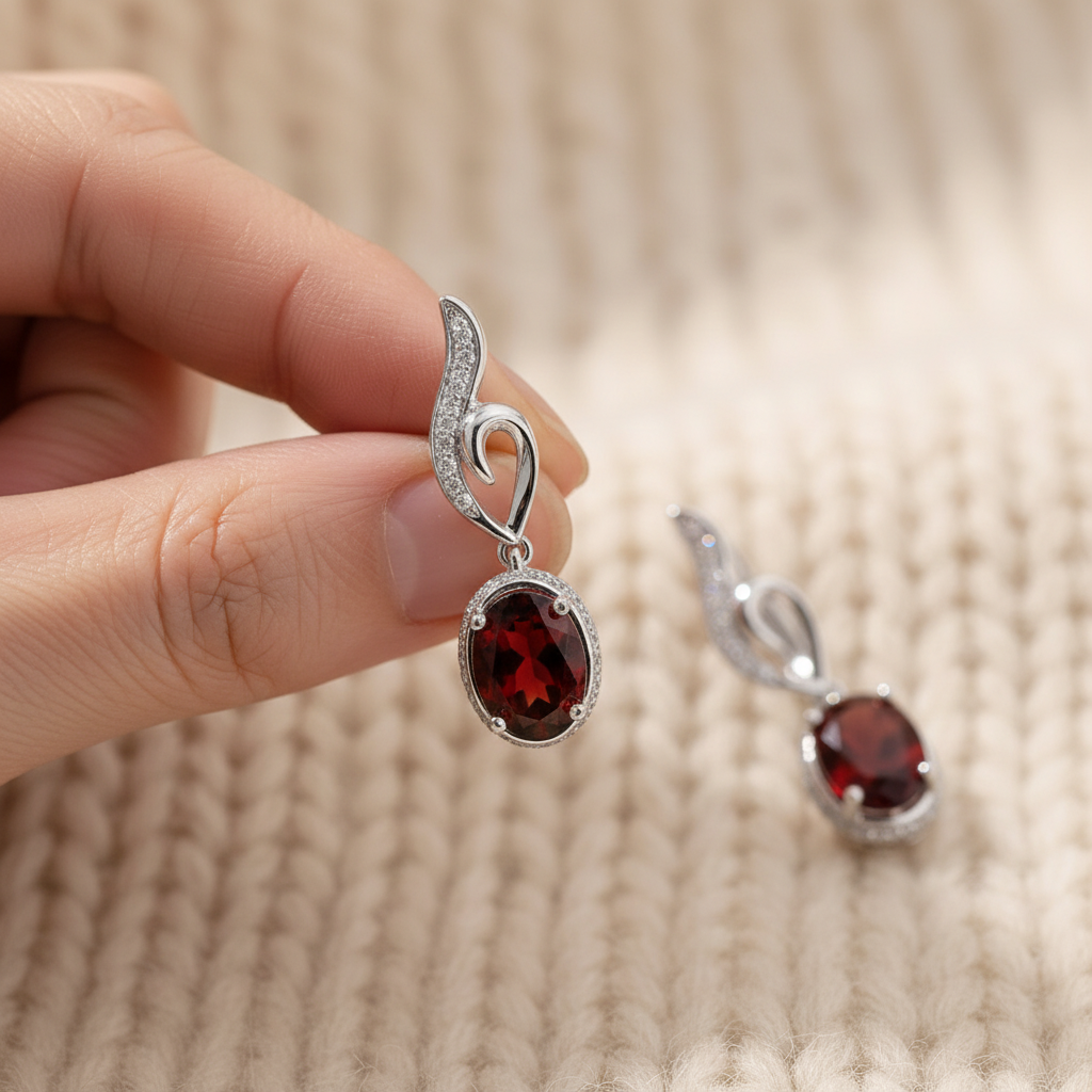 Natural Red Garnet Drop Earrings in Sterling Silver