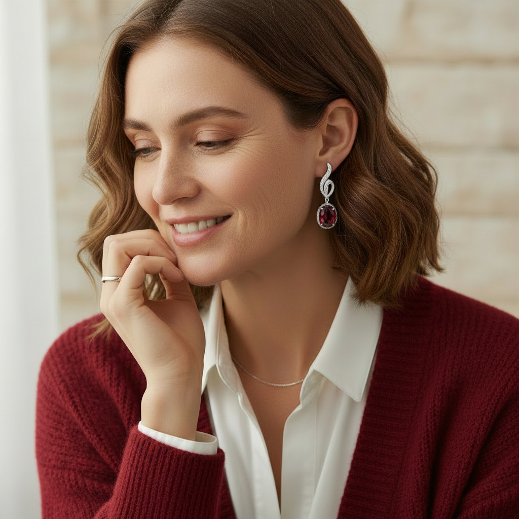 Natural Red Garnet Drop Earrings in Sterling Silver