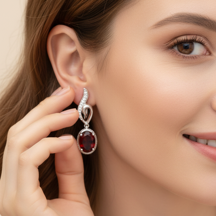 Natural Red Garnet Drop Earrings in Sterling Silver