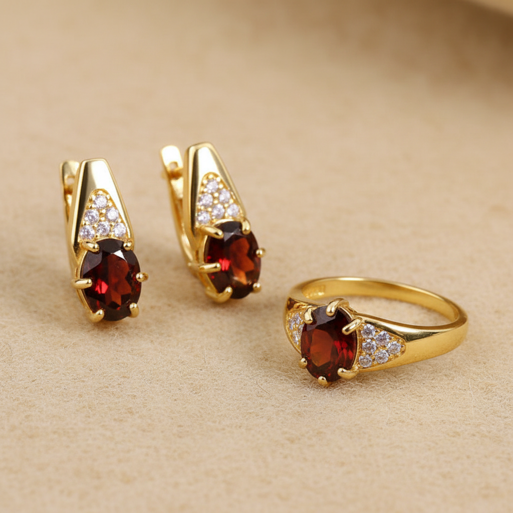 Natural Garnet Ring and Earring Set in Sterling Silver
