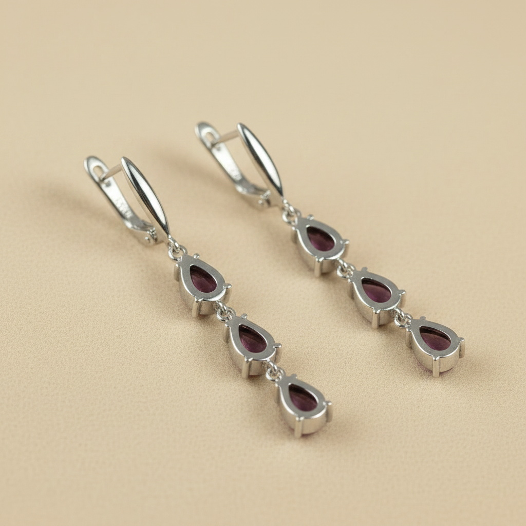 Natural Rhodolite Garnet Drop Earrings in Sterling Silver