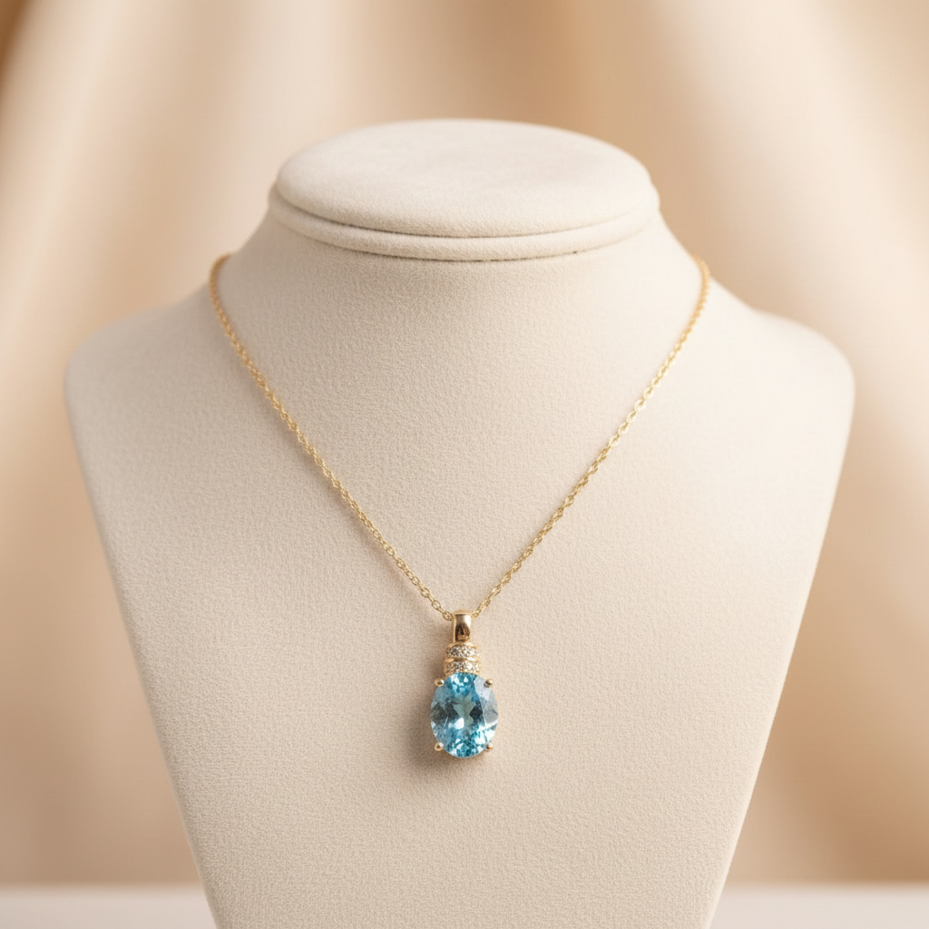 Natural Sky Blue Topaz Oval Pendant Necklace | in Sterling Silver