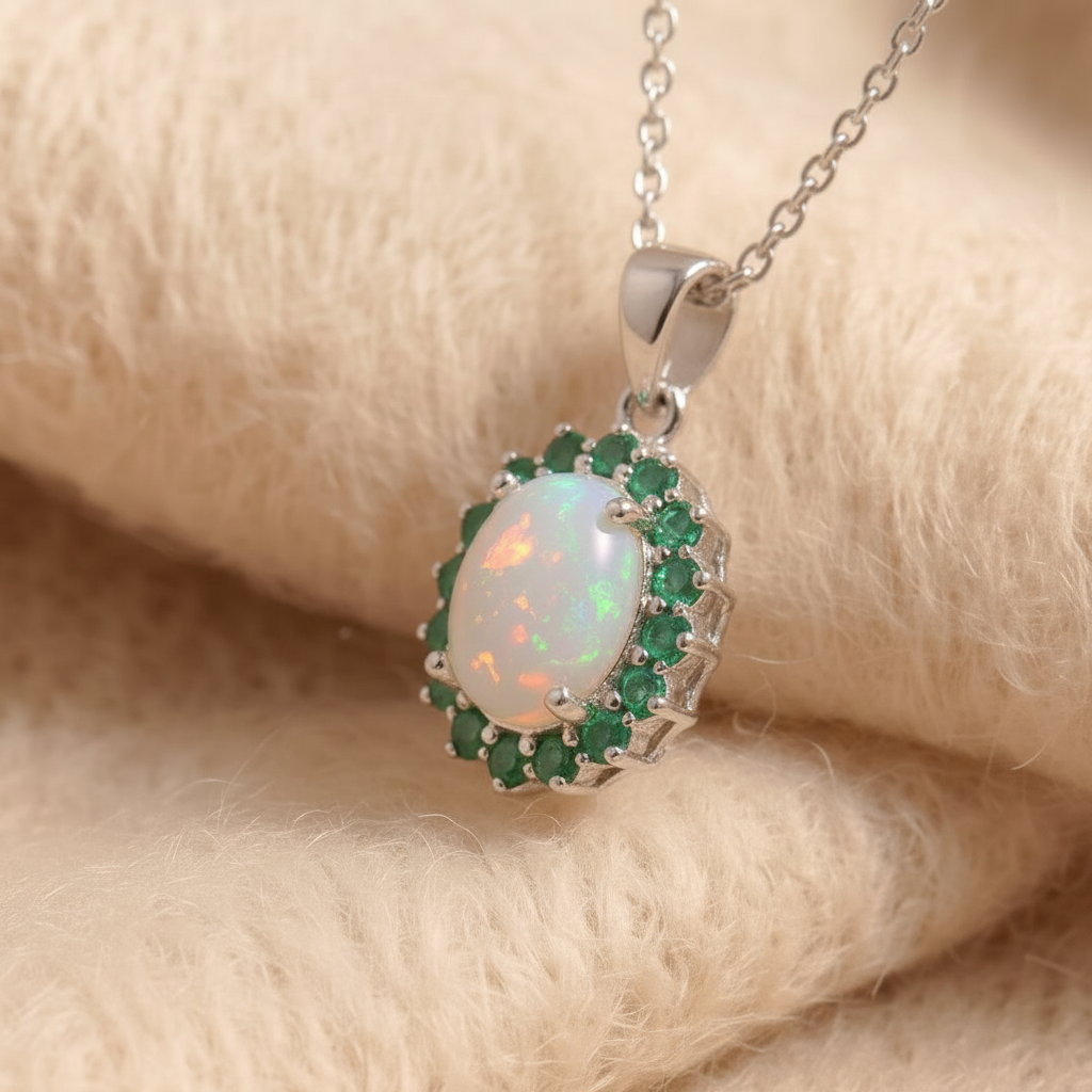 Natural Opal & Emerald Jewelry Set in Sterling Silver