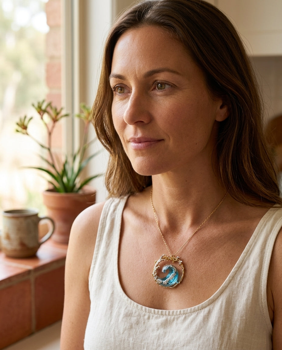 By Sophi Ocean's Oath Necklace worn in gold, morning kitchen light