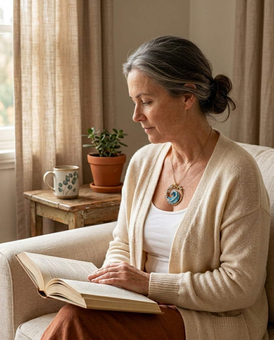 By Sophi Ocean's Oath Necklace lifestyle reading scene