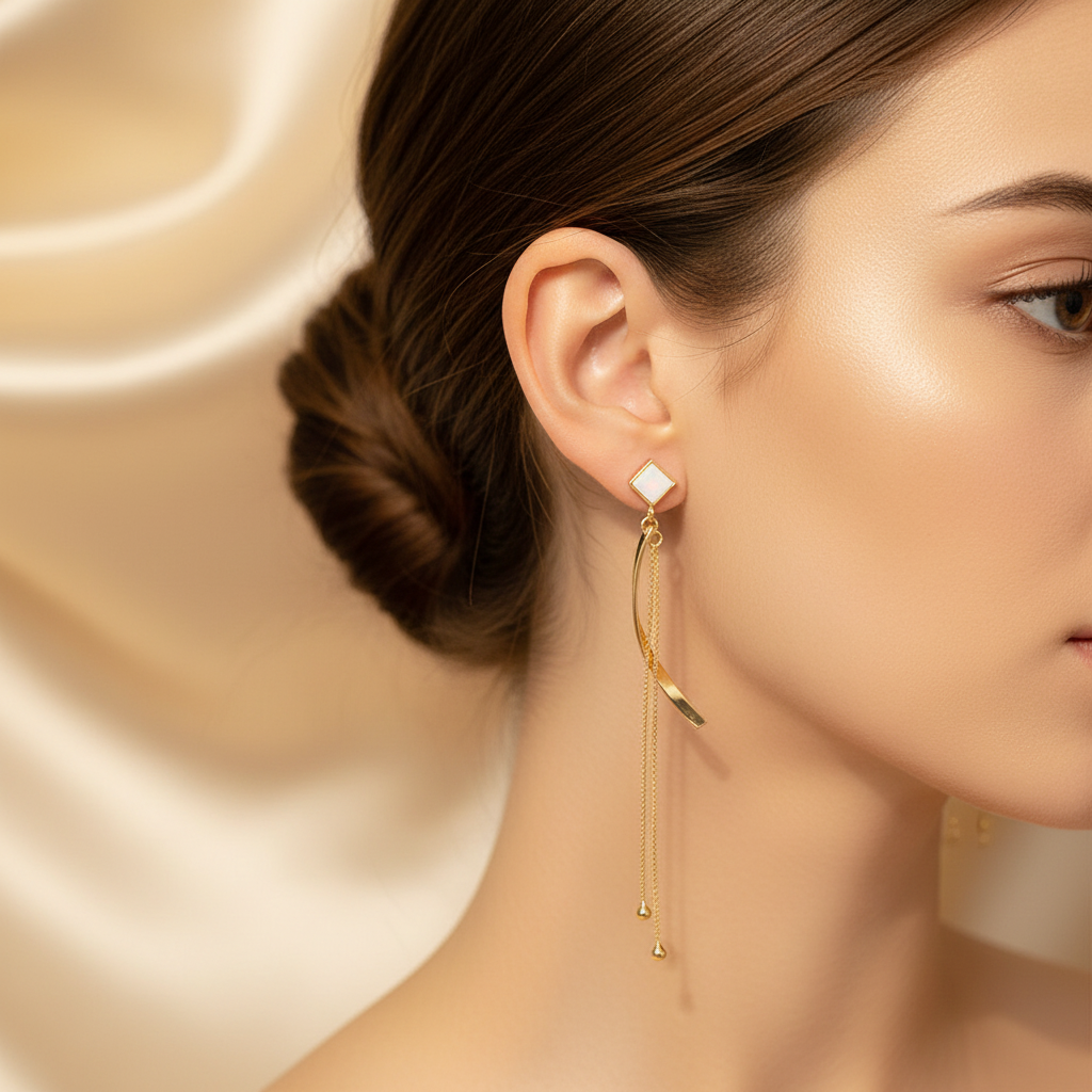 White Opal Drop Earrings in Gold
