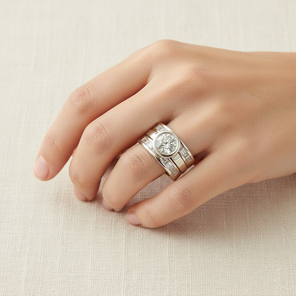 Vintage Layered Crystal Wide Ring in Silver| smaller baguette-