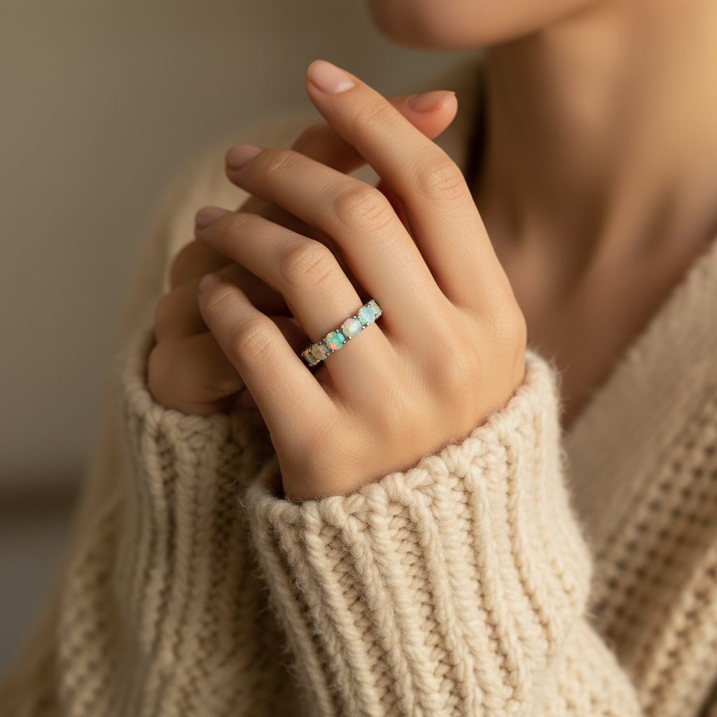 Natural Opal Eternity Band in Sterling Silver