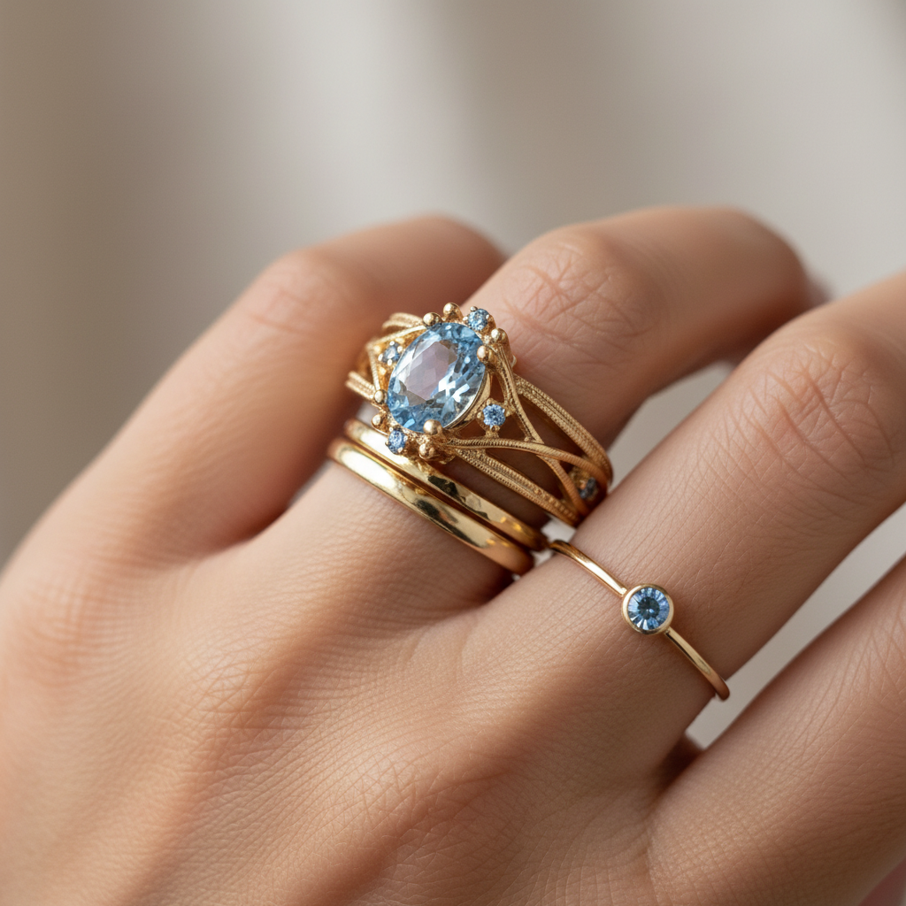 Inlaid Blue Glass Gold Ring