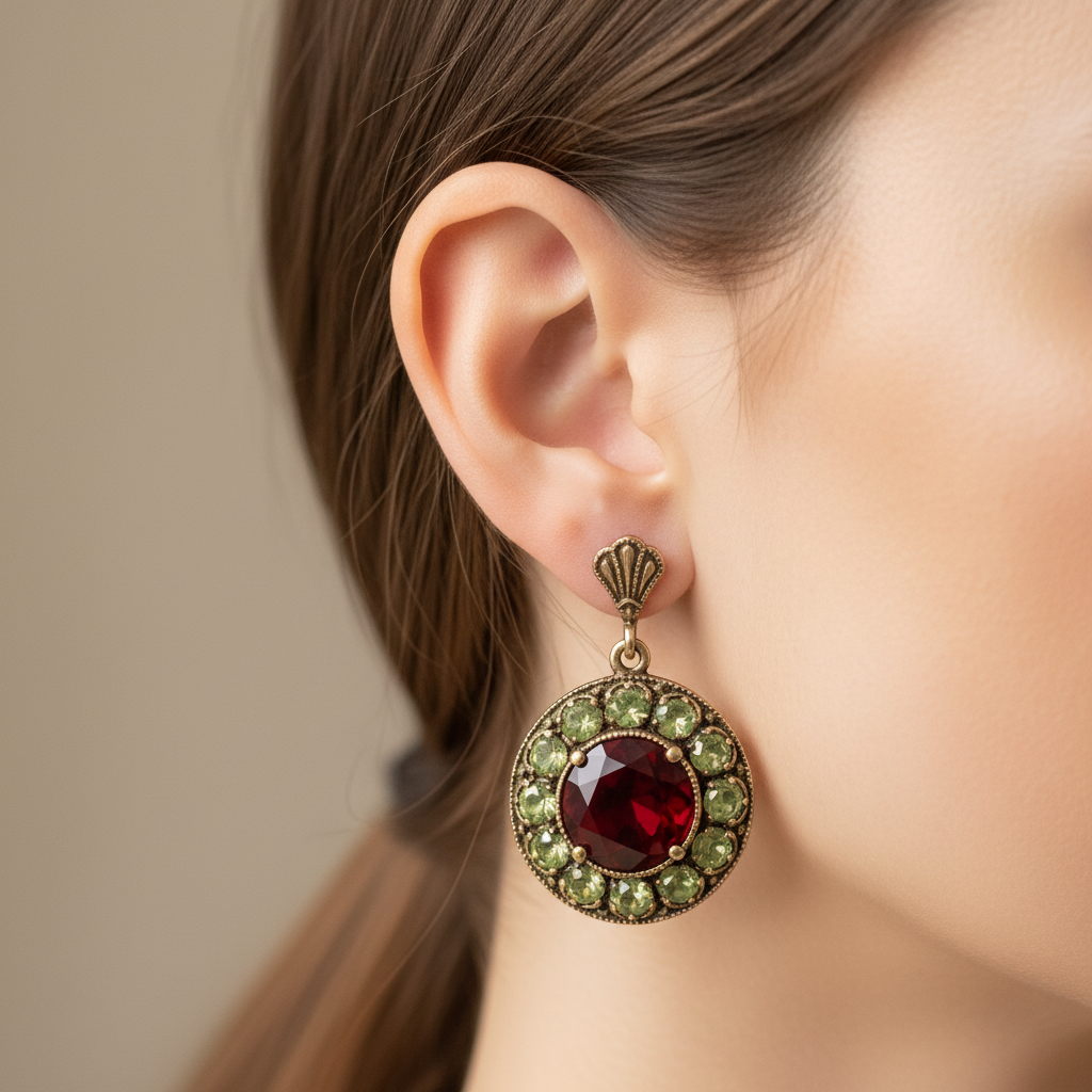 Vintage Rounded Green & Red Crystal Earrings
