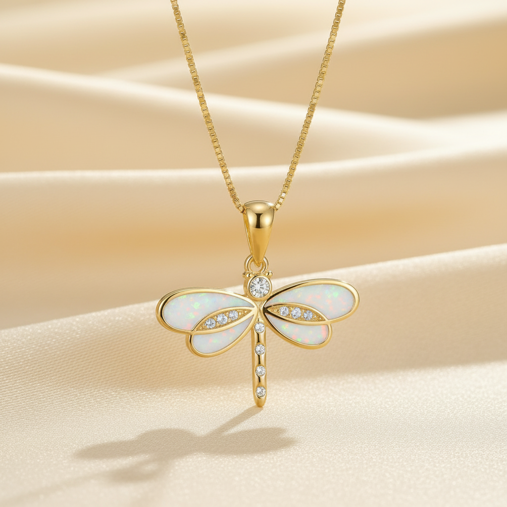 Dragonfly necklace in gold with small opal center. By Sophi.