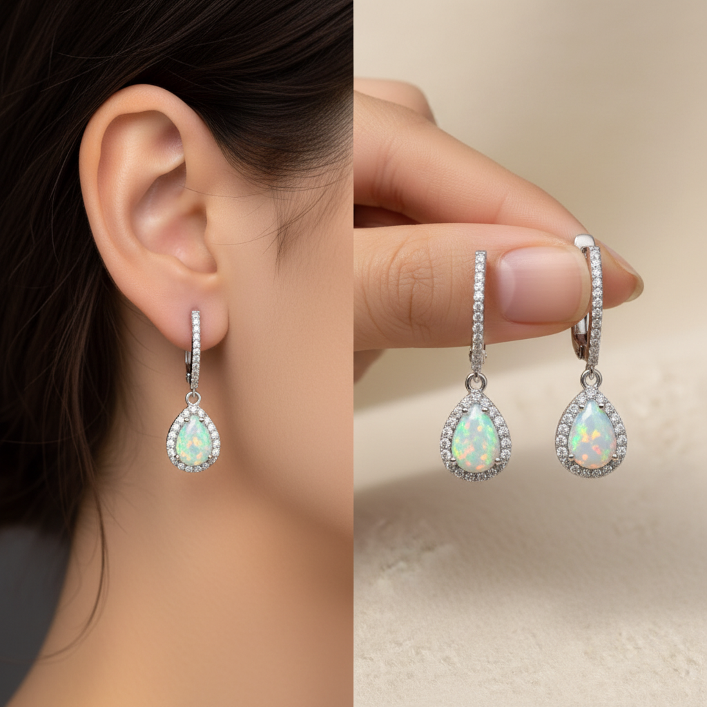 Natural Pear-Cut Opal Drop Earrings in Sterling Silver