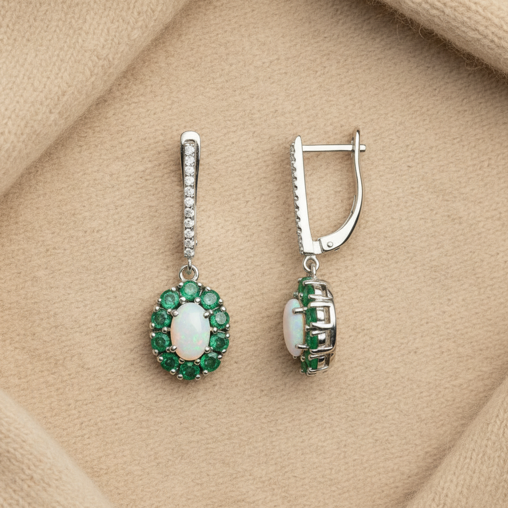 Natural Opal & Emerald Jewelry Set in Sterling Silver