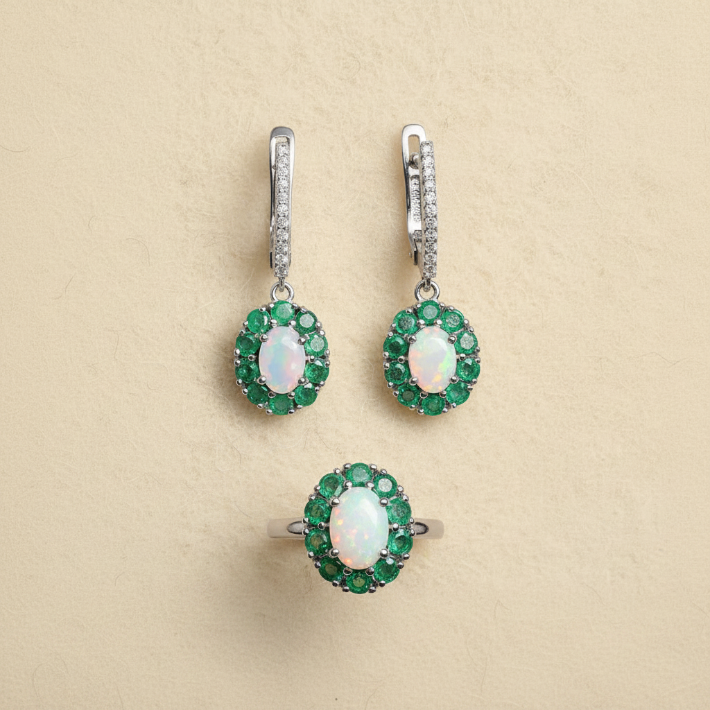 Natural Opal & Emerald Jewelry Set in Sterling Silver
