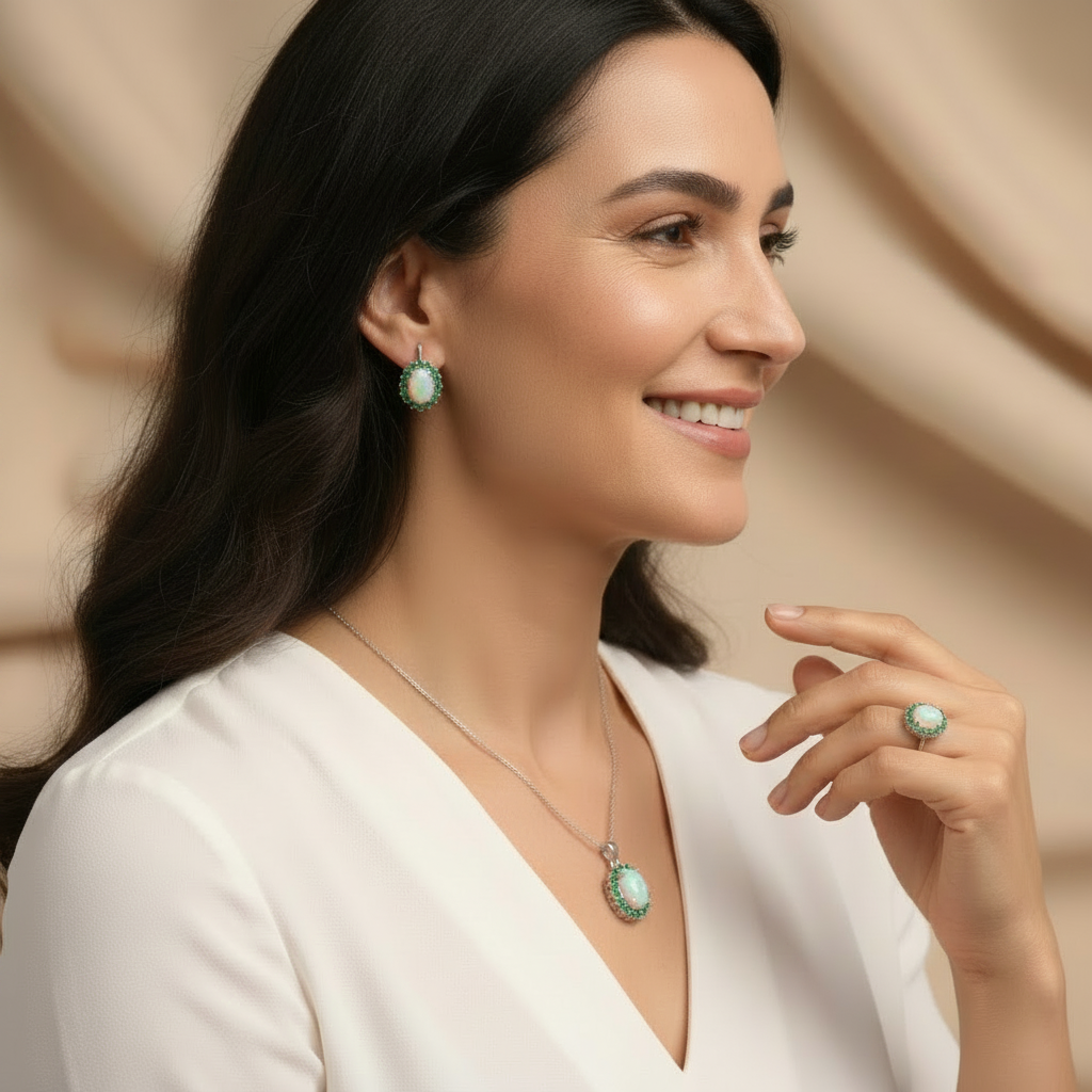 Natural Opal & Emerald Jewelry Set in Sterling Silver