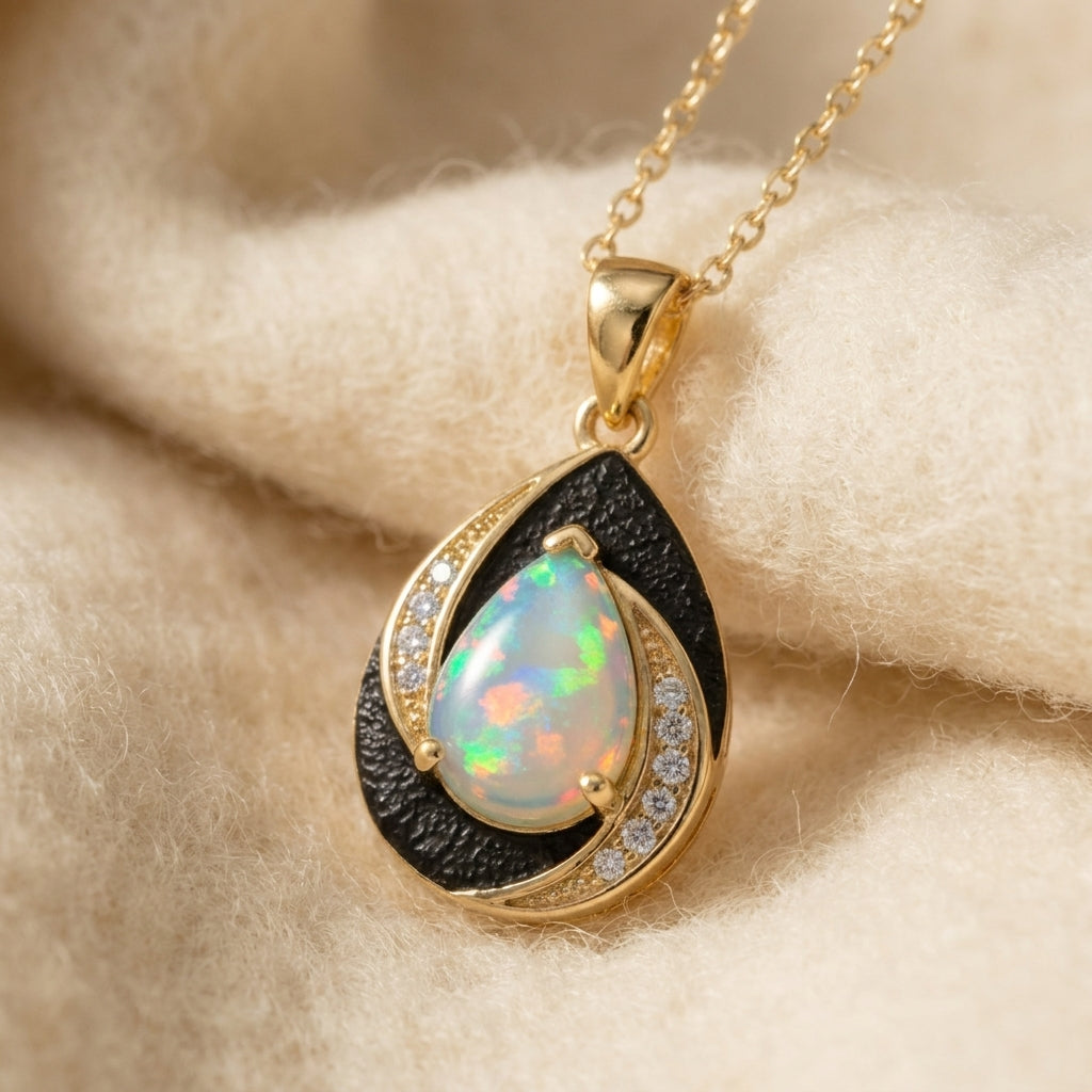 By Sophi Natural Ethiopian Opal Pendant Necklace, catalog flat-lay on warm cream wool