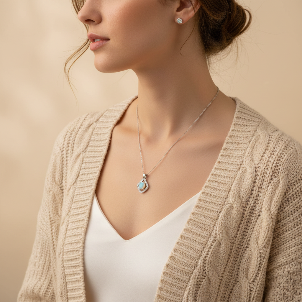 Natural Opal Pendant Necklace in Sterling Silver