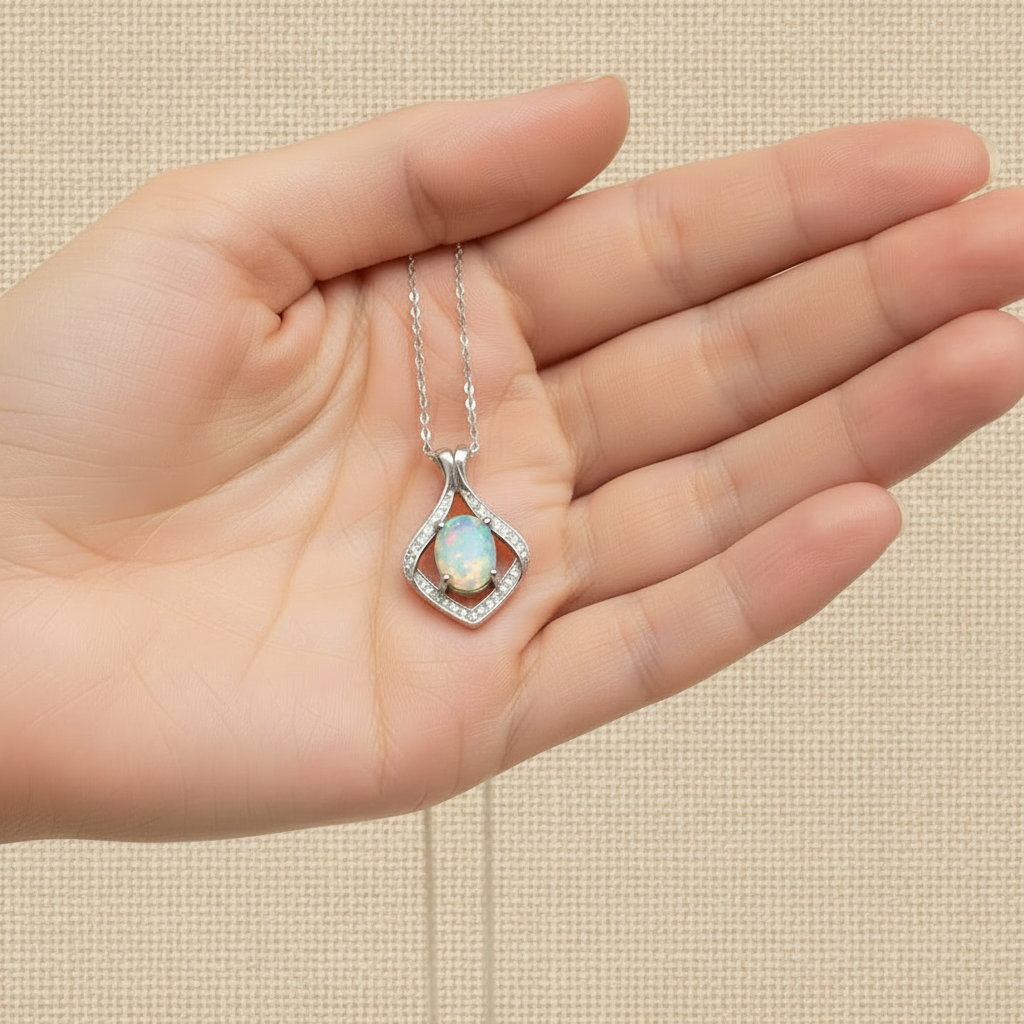 Natural Opal Pendant Necklace in Sterling Silver
