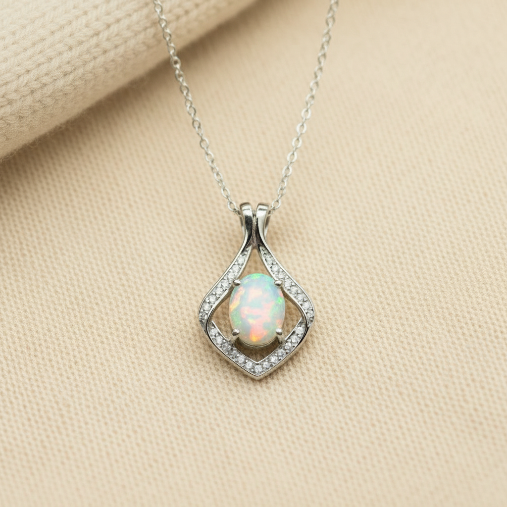 Natural Opal Pendant Necklace in Sterling Silver