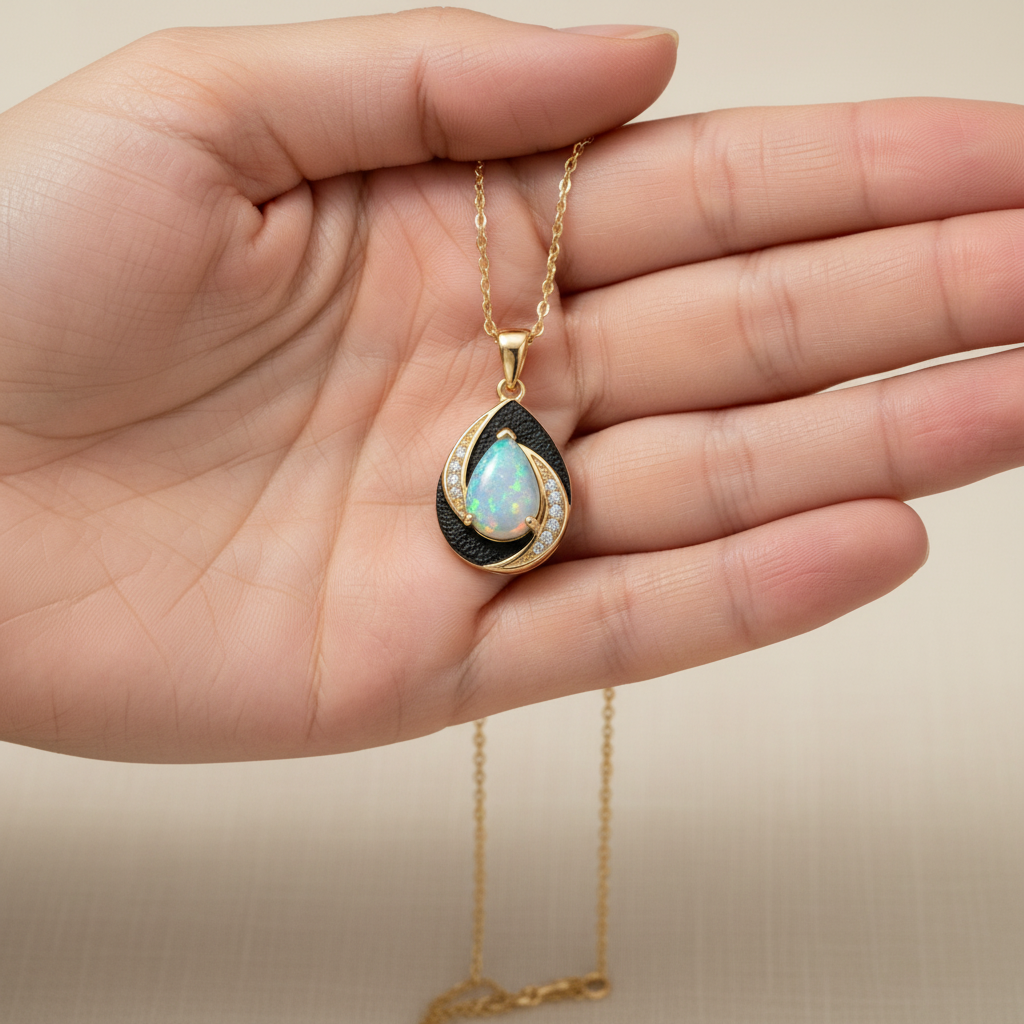 Natural Ethiopian Opal Pendant Necklace in Gold-Plated Sterling Silver