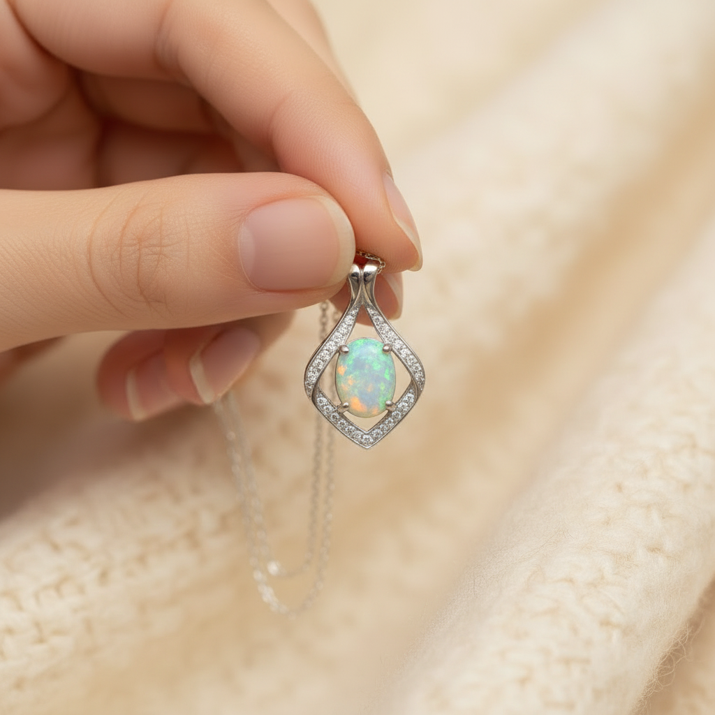 Natural Opal Pendant Necklace in Sterling Silver
