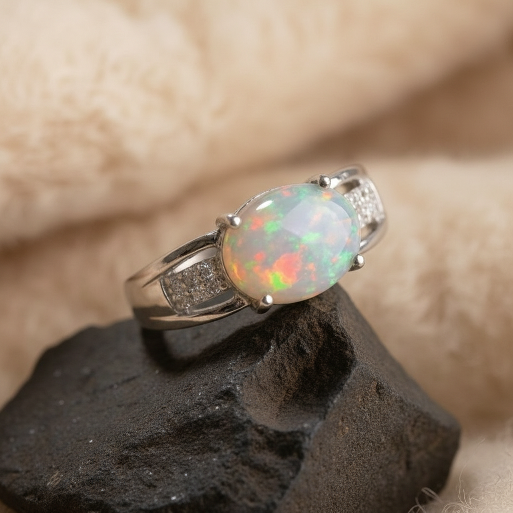 Colorful Natural Opal Ring in Sterling Silver
