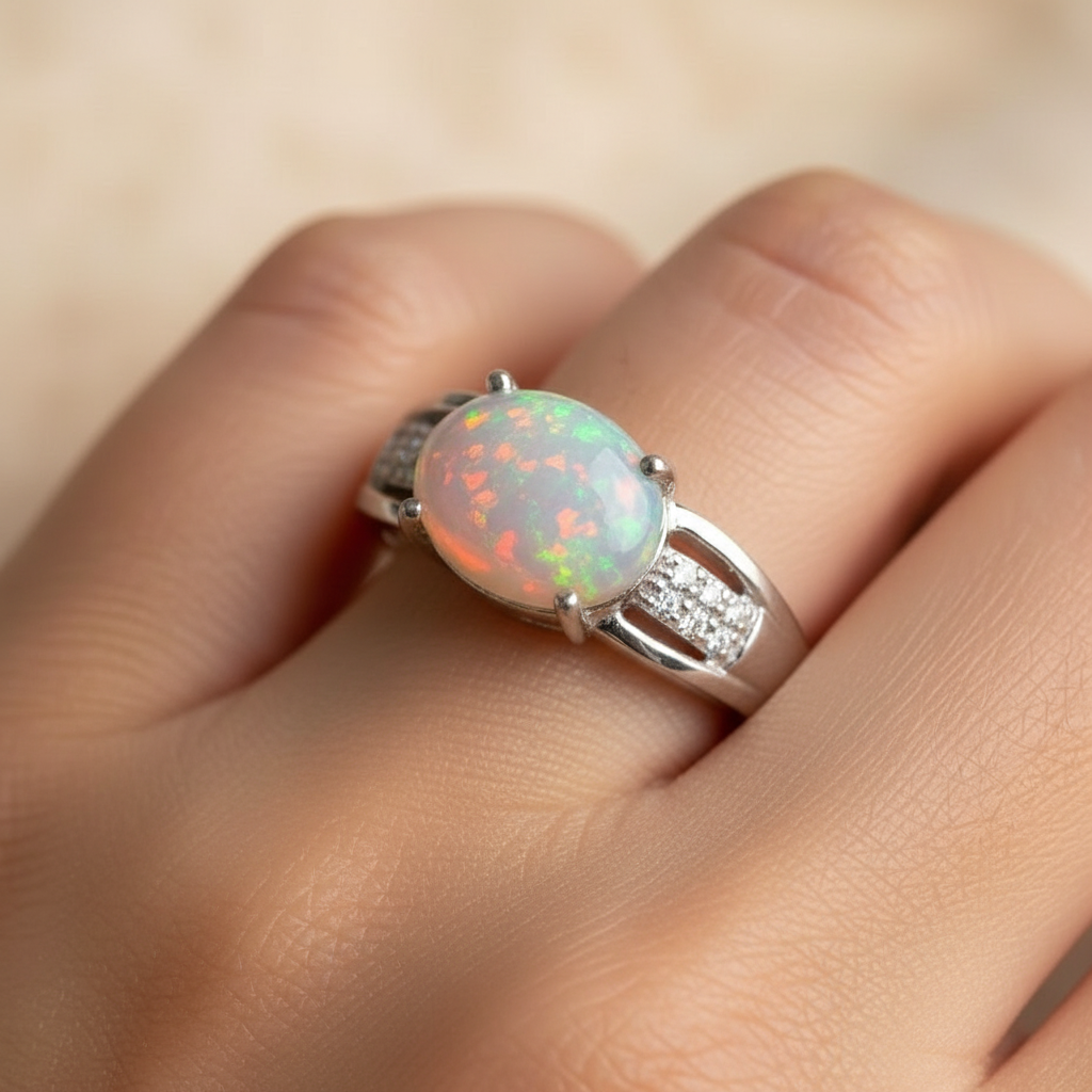 Colorful Natural Opal Ring in Sterling Silver