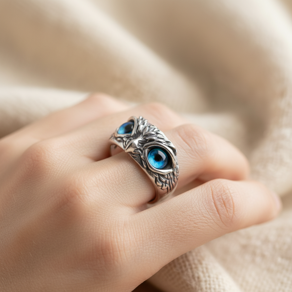 Owl of Good Luck Adjustable Ring in Silver and Opal