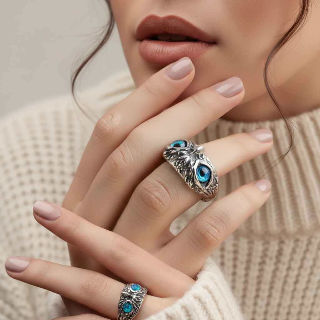 Owl of Good Luck Adjustable Ring in Silver and Opal