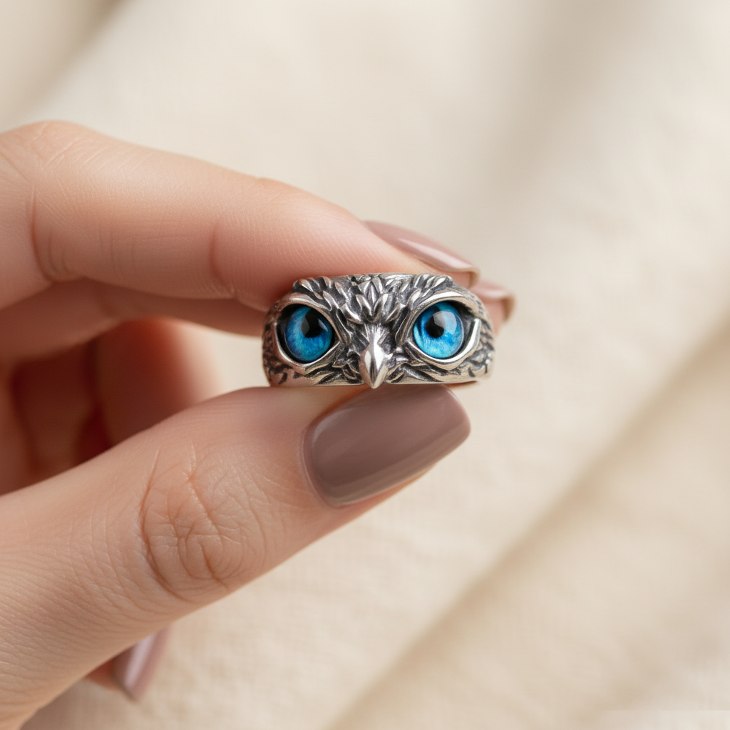 Owl of Good Luck Adjustable Ring in Silver and Opal