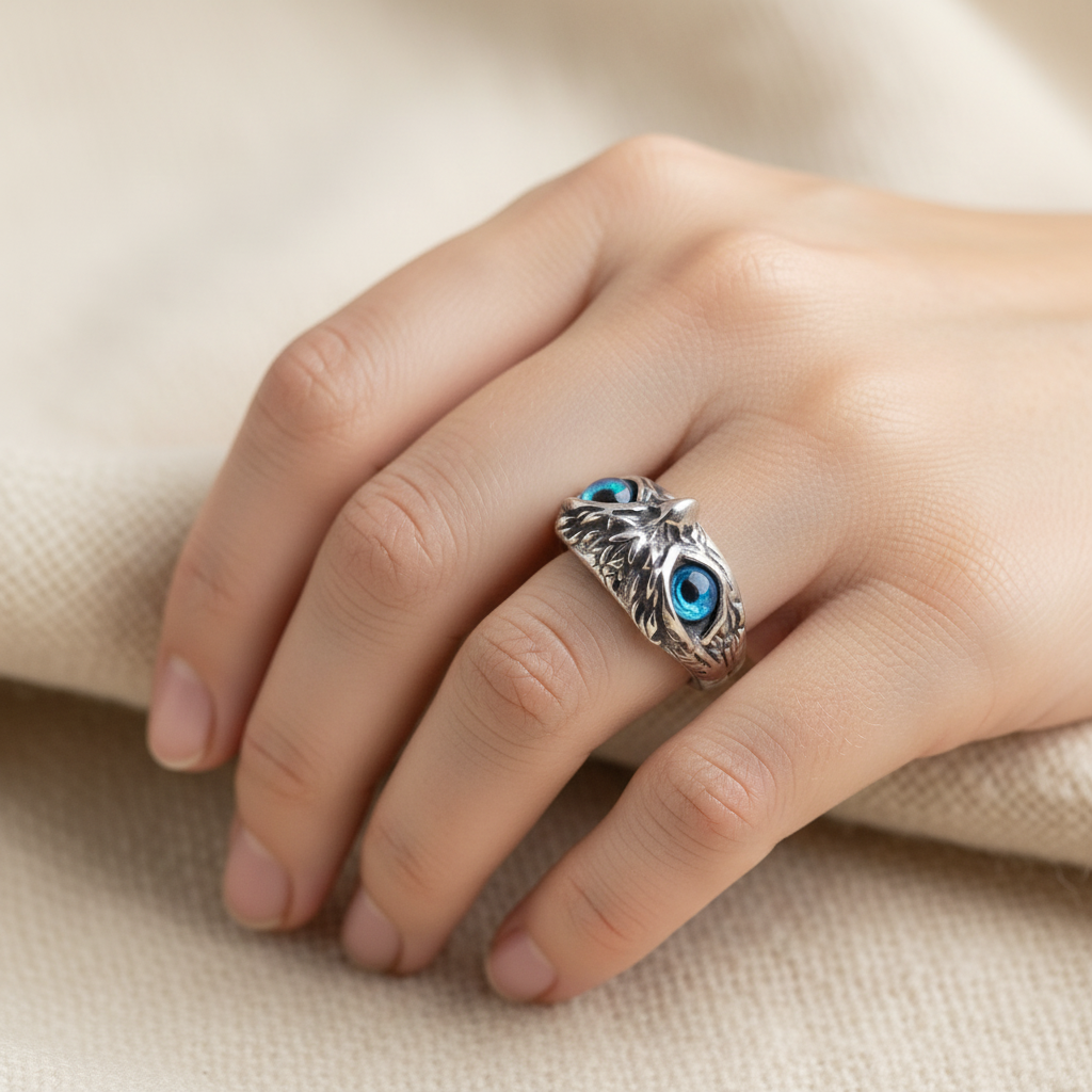Owl of Good Luck Adjustable Ring in Silver and Opal