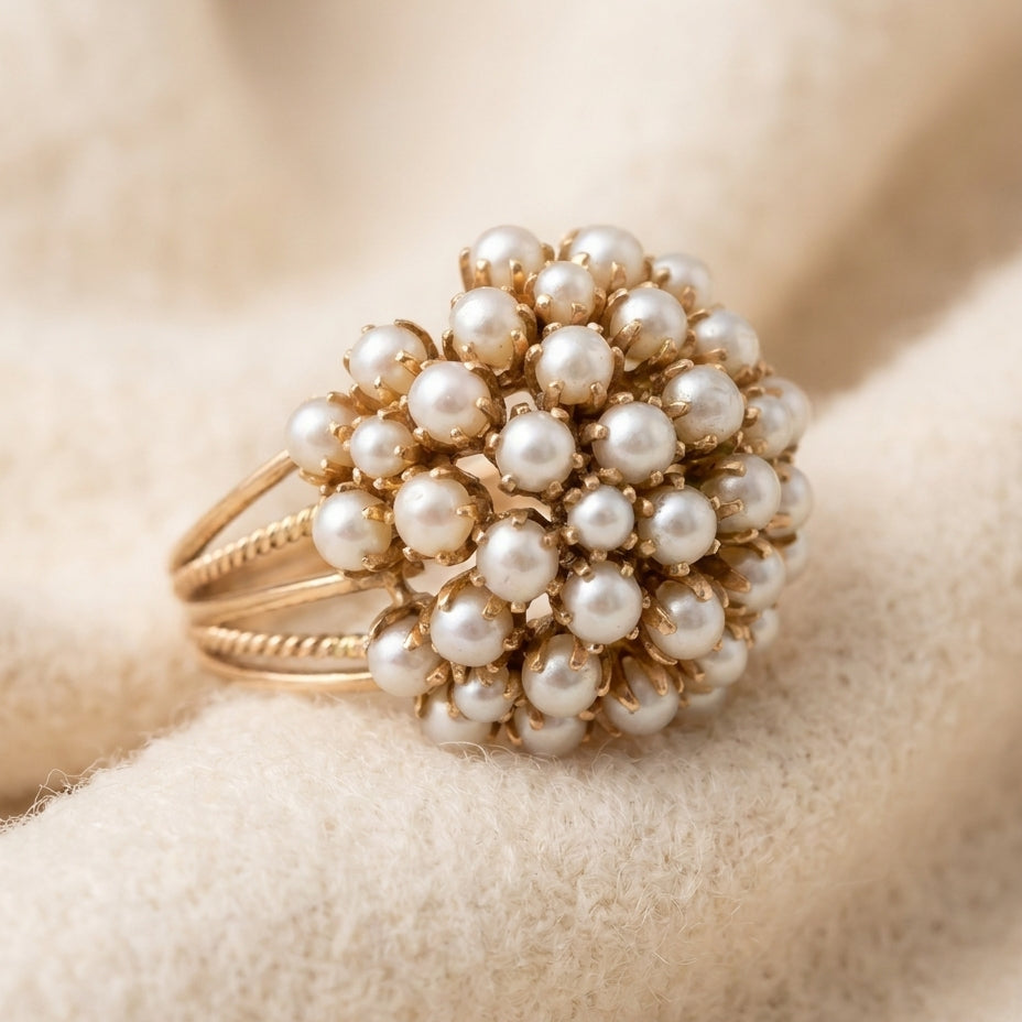 By Sophi Inlaid Pearls Ring flat-lay on warm cream wool