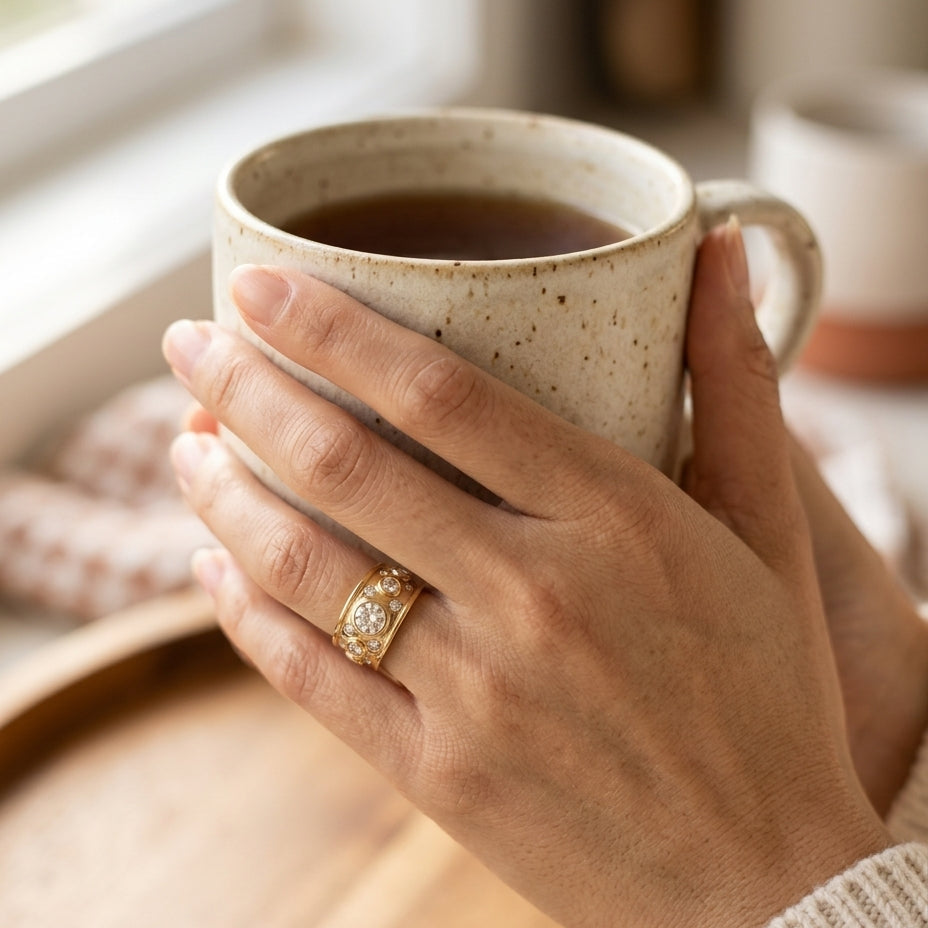 Vintage golden inlaid zirconia ring on hand wrapped around a kitchen coffee cup