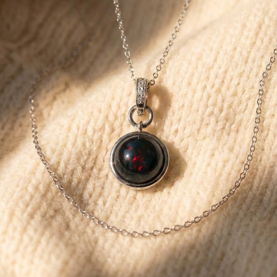 By Sophi Colorful Black Opal Necklace, Black Opal 1 red-flash variant on warm cream wool